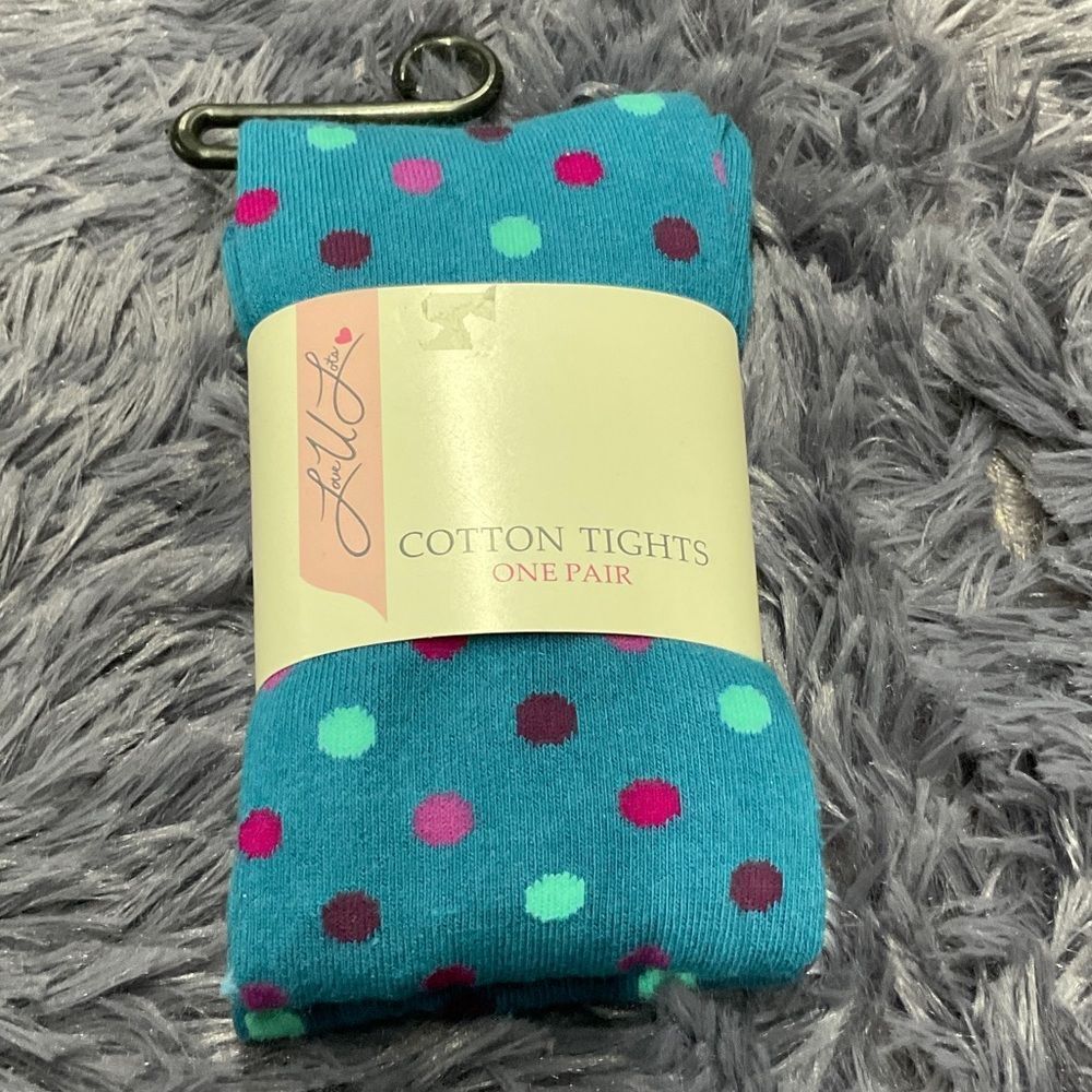 Love U Lots Little Girls 12/14 Blue Polka Dot Cotton Tights - New